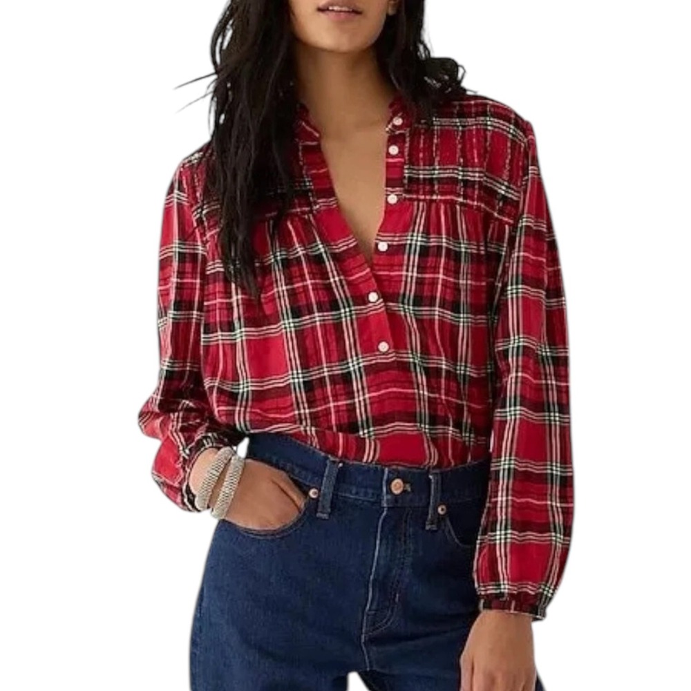 J.Crew Ruffleneck Cotton-Blend Flannel Popover in Good‎ Tidings Plaid Size M